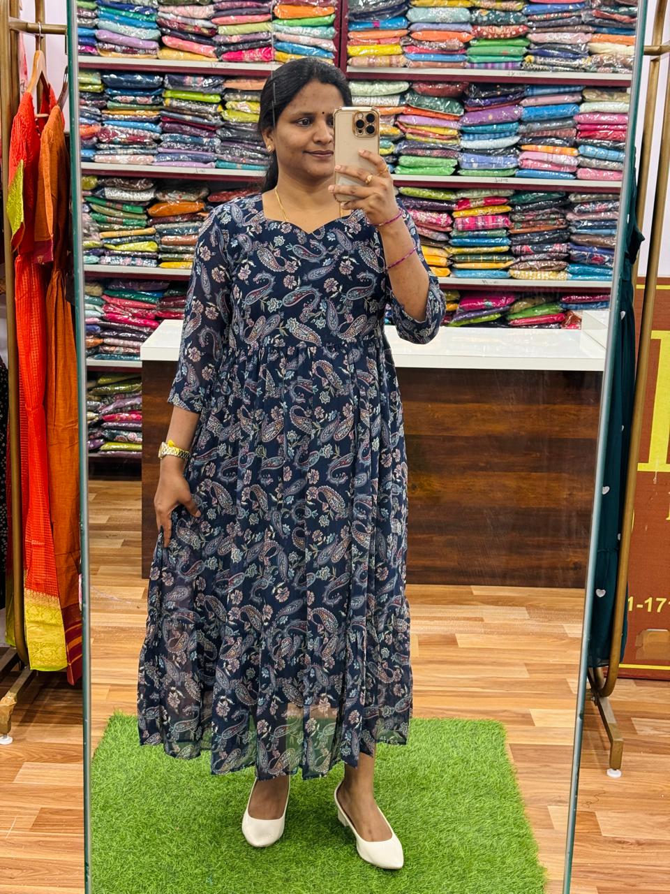 Floral Georgette Frocks-Navy Blue