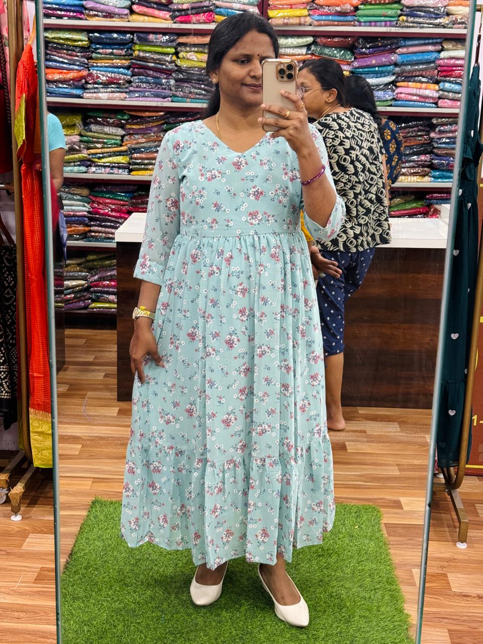 Floral Georgette Frocks-Sea Green