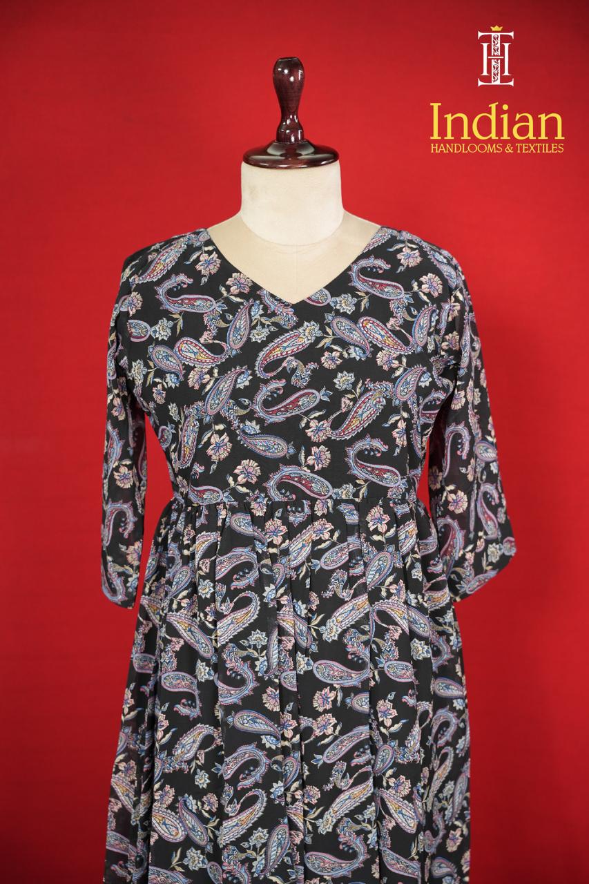 Floral Georgette Frocks- Black Kalamkari