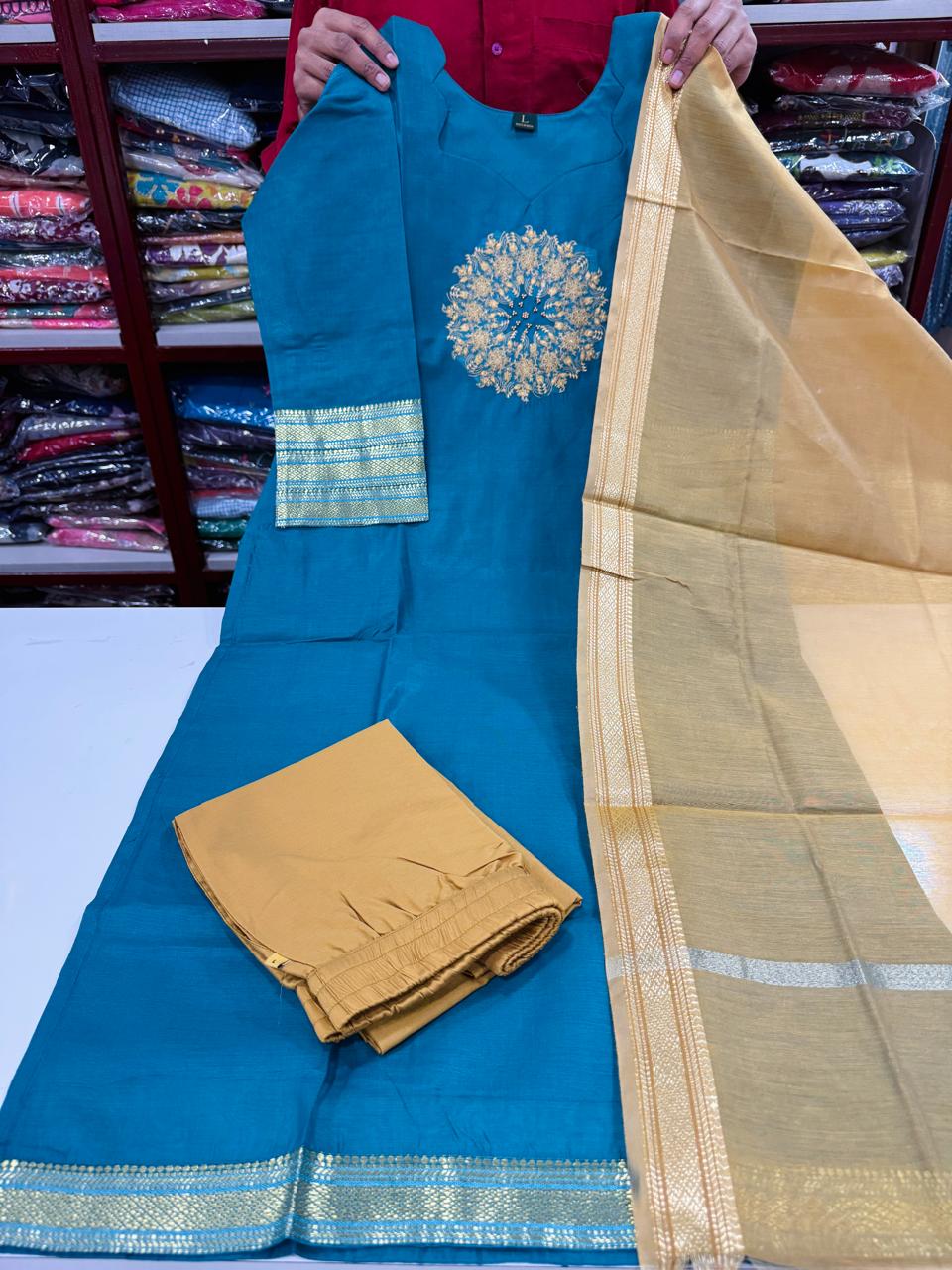 Mangalgiri Pattu Set-Peacock Blue