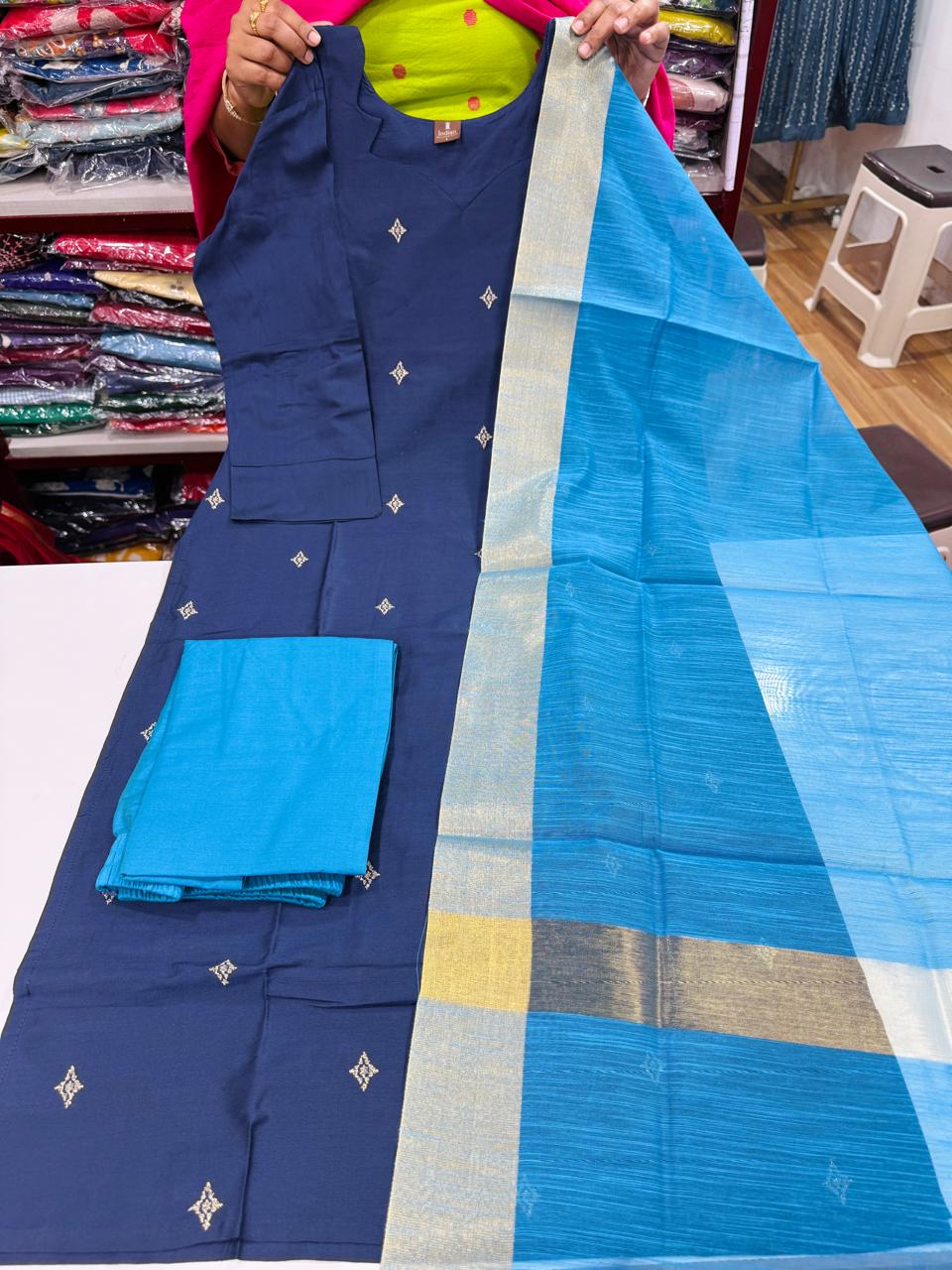 Raw Silk Contrast Concept Set-Dark Ink Blue