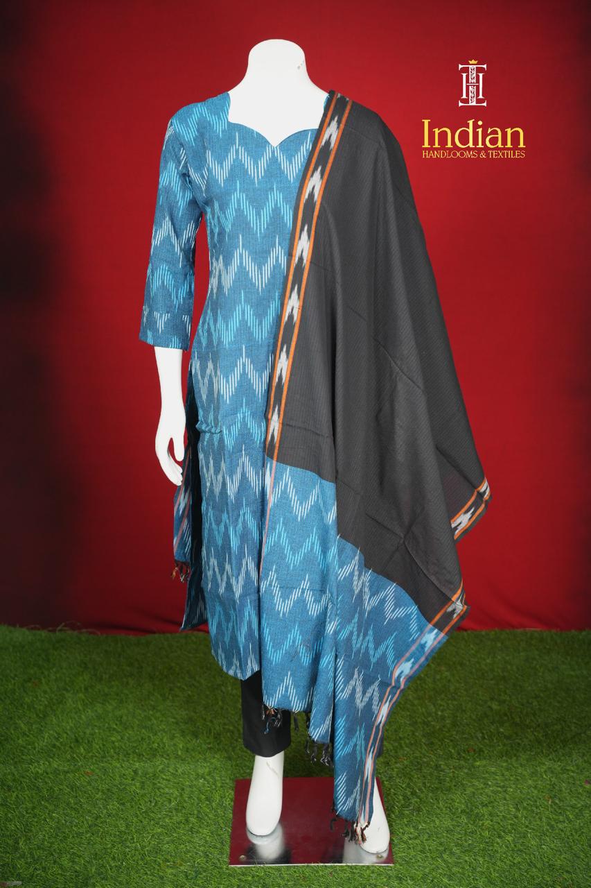 Pure Ikkat Cotton 3 Pc Set- Blue &amp; Black