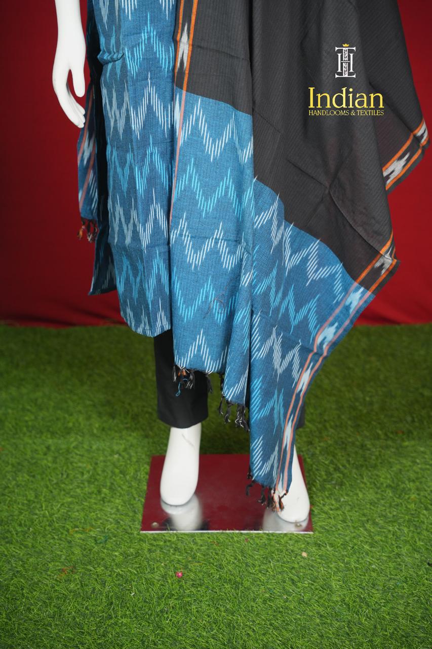 Pure Ikkat Cotton 3 Pc Set- Blue &amp; Black