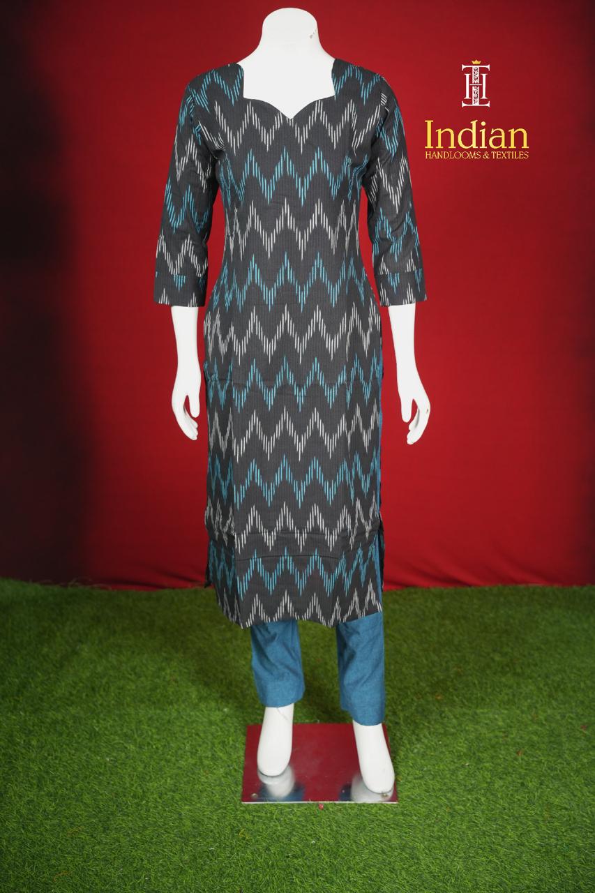 Pure Ikkat Cotton 3 Pc Set- Black And Blue