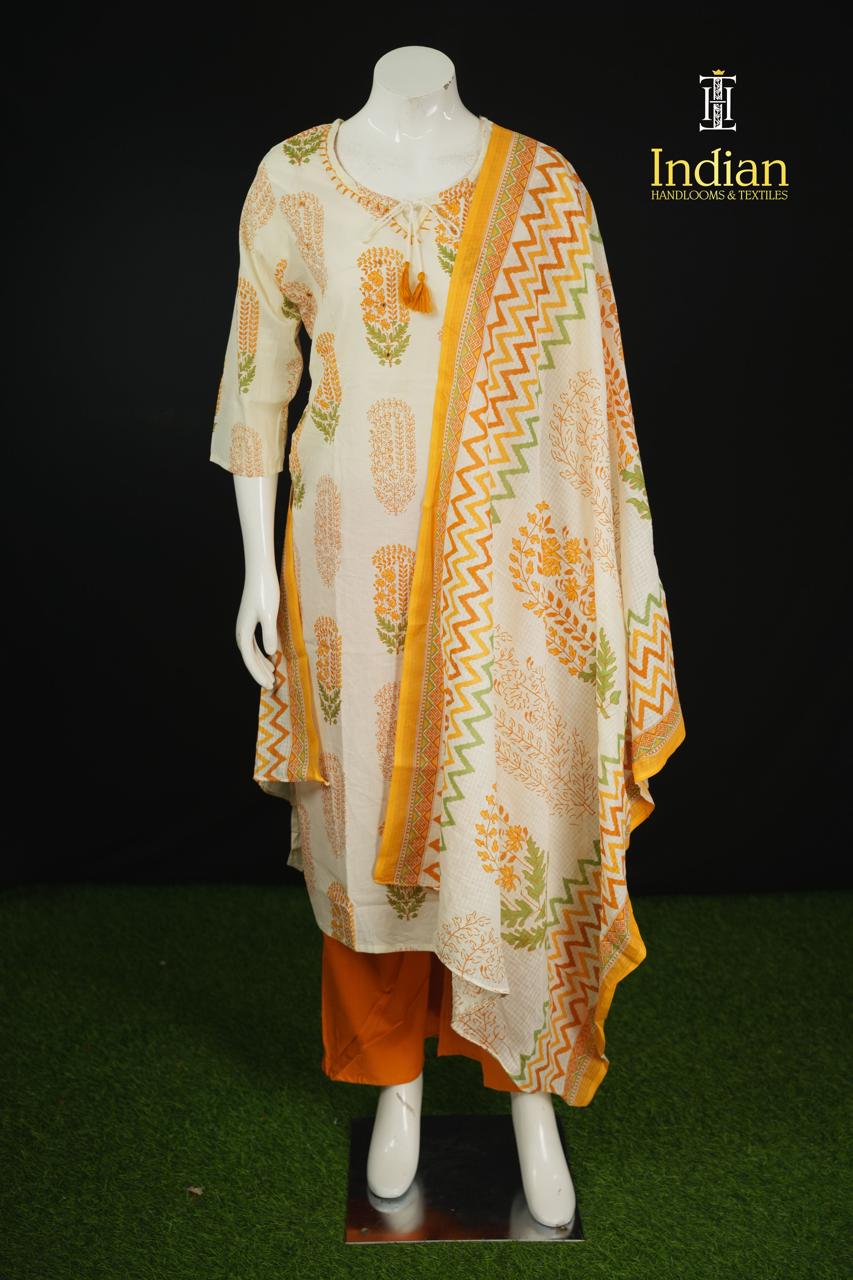 . Jaipuri Cotton Sets - White &amp; Yellow