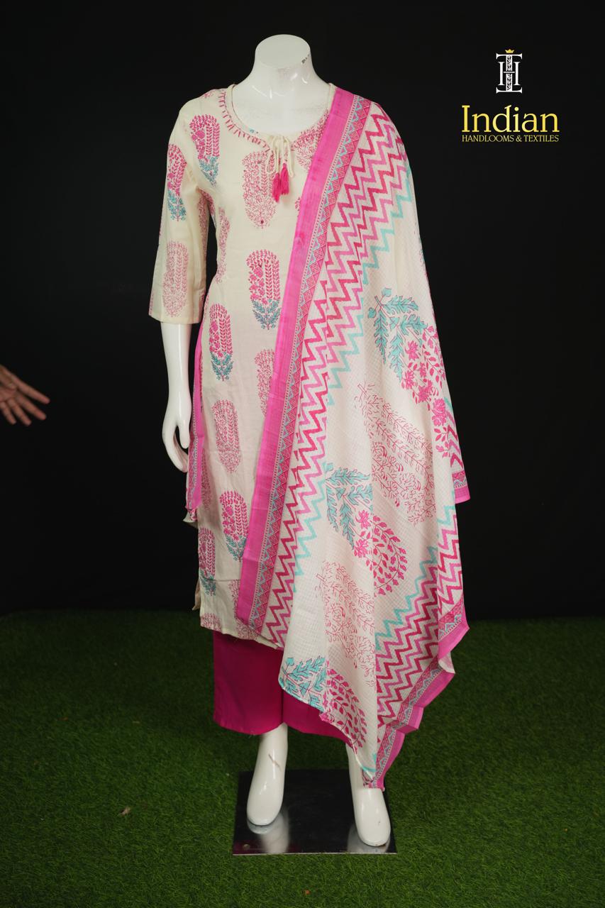 . Jaipuri Cotton Sets - White &amp; Baby Pink