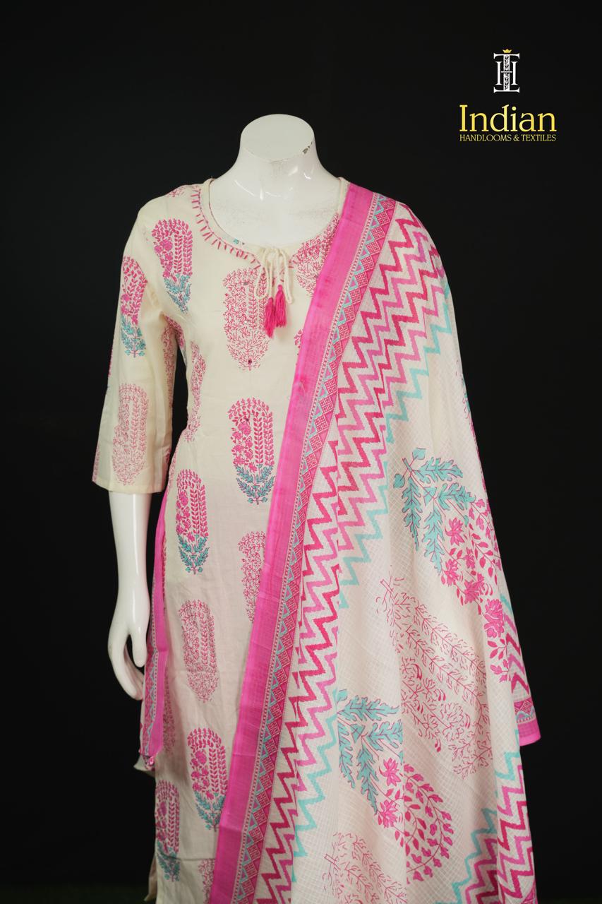 . Jaipuri Cotton Sets - White &amp; Baby Pink