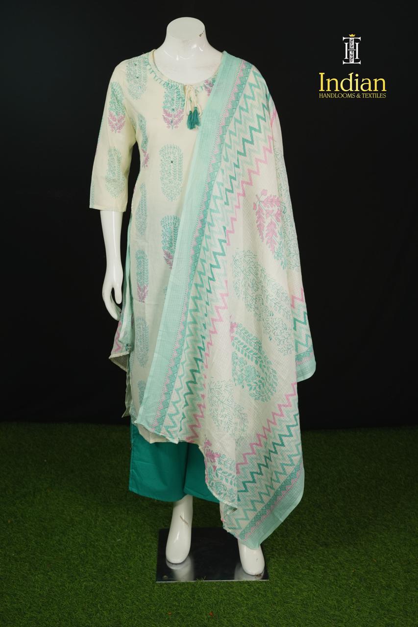 . Jaipuri Cotton Sets - White &amp; Green