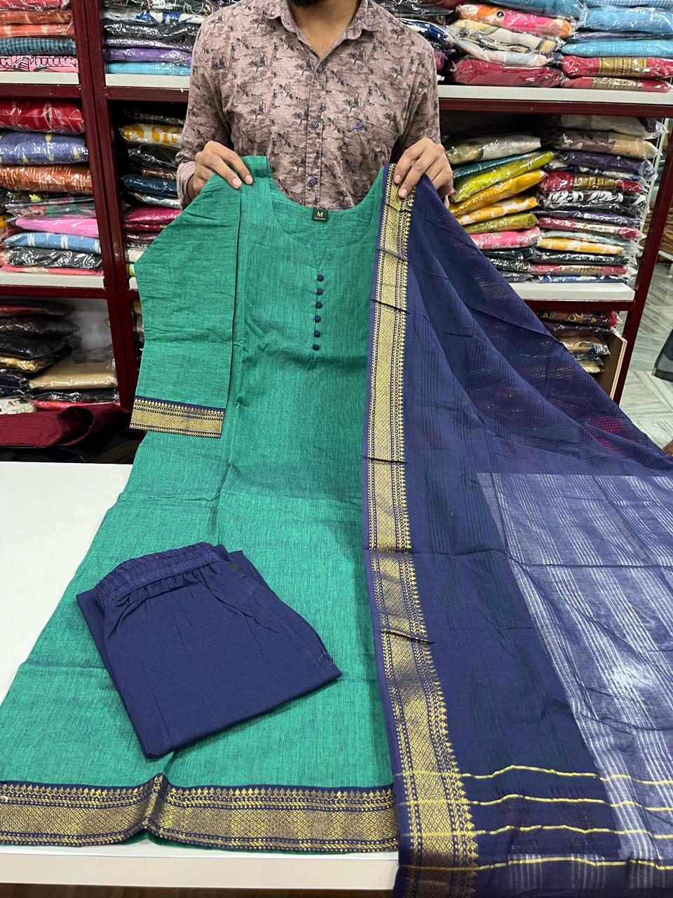 Mangalagiri Cotton Sets-Sea Blue