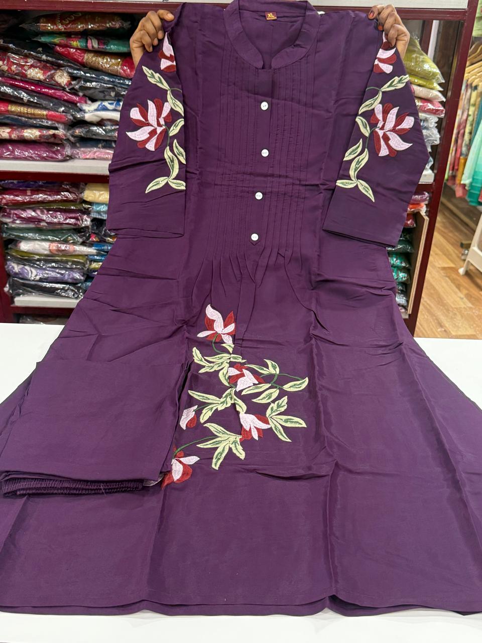 Premium Roman Silk Aline Cut 2pc Set-Dark Wine