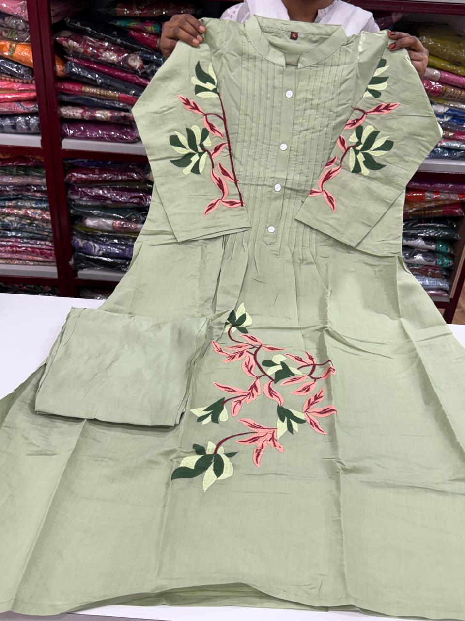 Premium Roman Silk Aline Cut 2pc Set-Pista Green