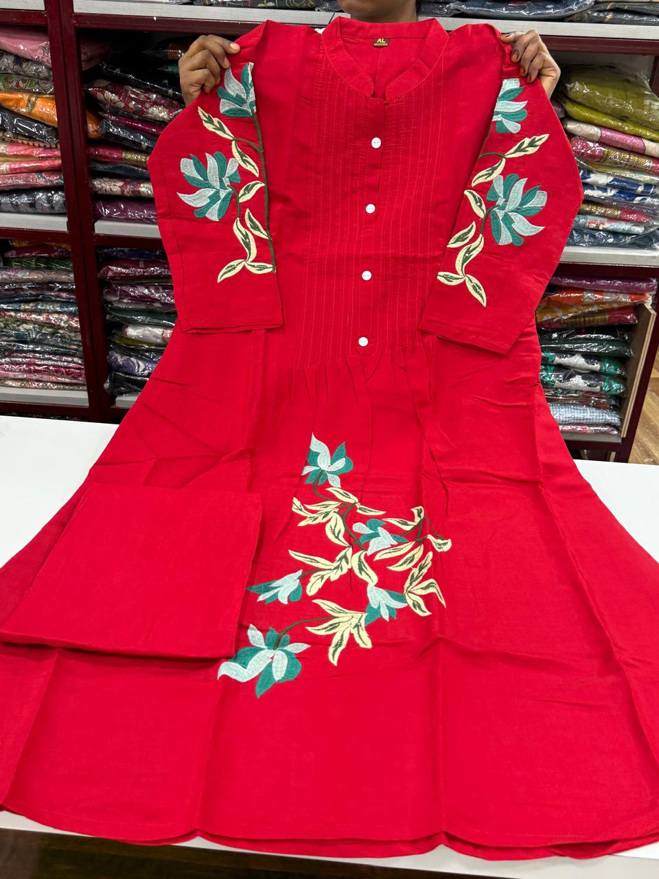 Premium Roman Silk Aline Cut 2pc Set-Red