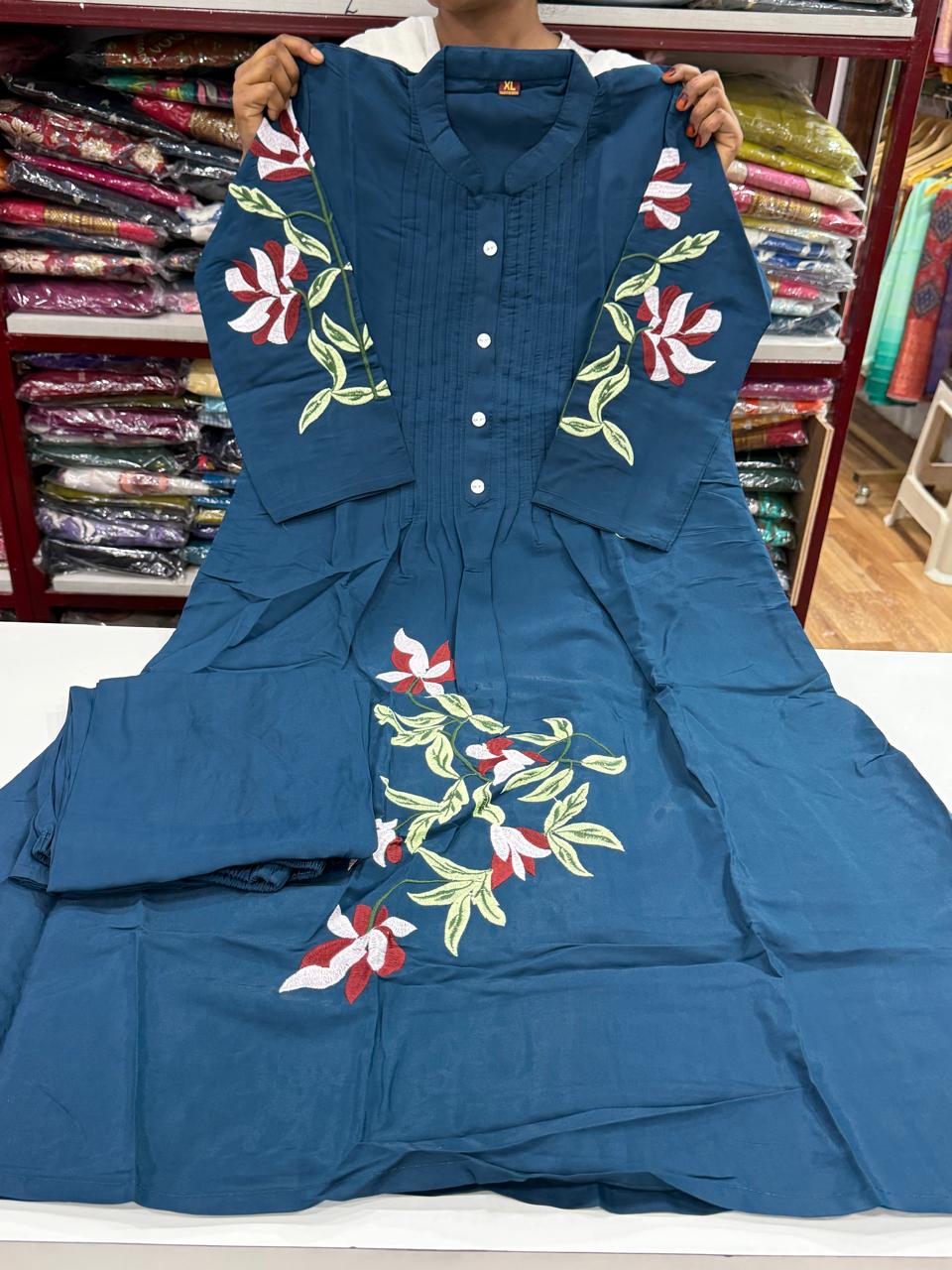 Premium Roman Silk Aline Cut 2pc Set-Blue
