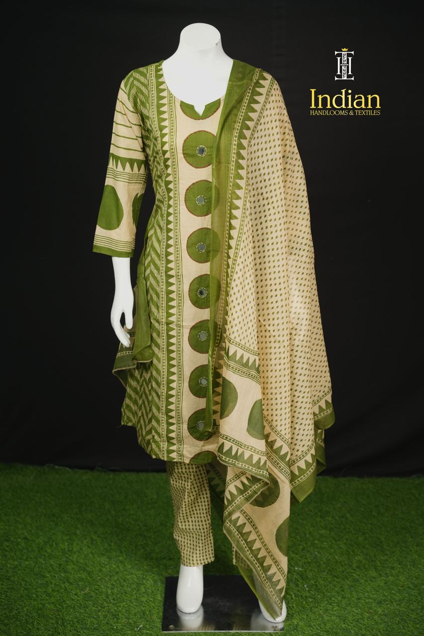 Designer Jaipuri Cotton Sets - Half White &amp; Green