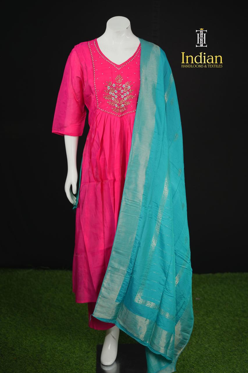 Designer Mul Chanderi Aline Cut 3Pc Sets- Dark Pink