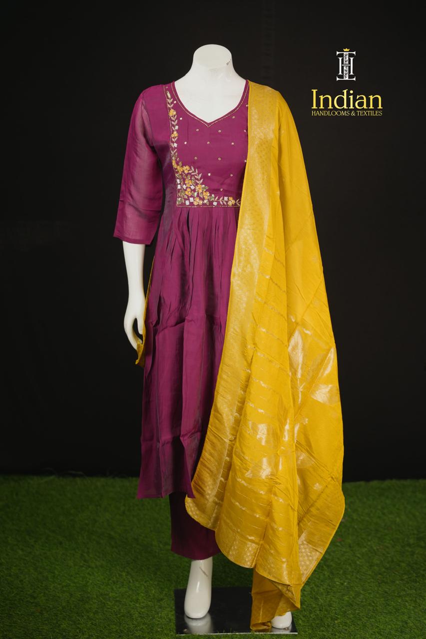 Designer Mul Chanderi Aline Cut 3Pc Sets- Maroon