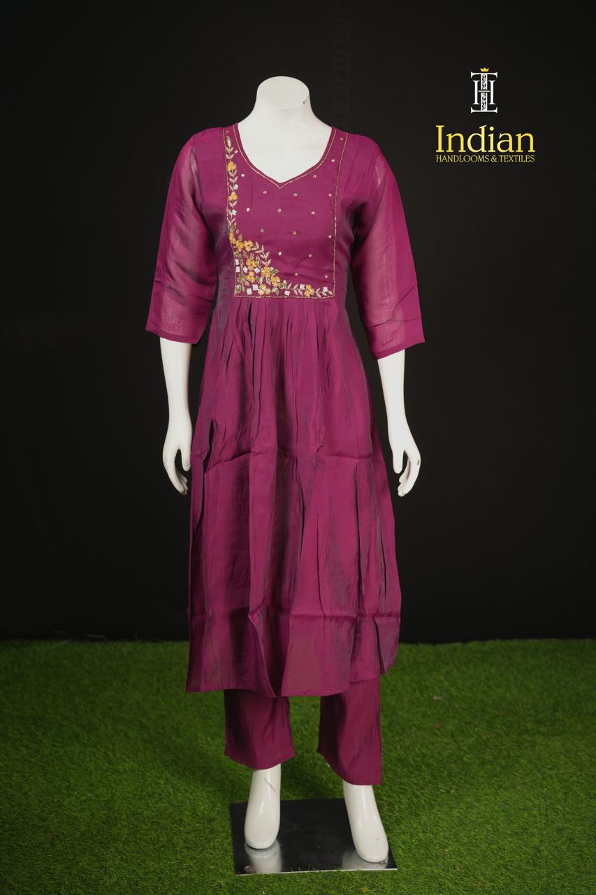 Designer Mul Chanderi Aline Cut 3Pc Sets- Maroon