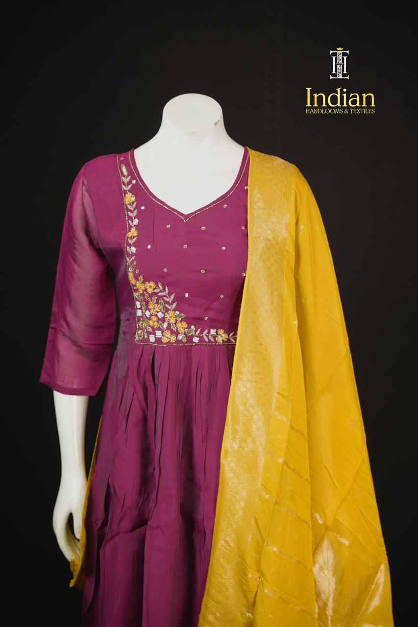 Designer Mul Chanderi Aline Cut 3Pc Sets- Maroon