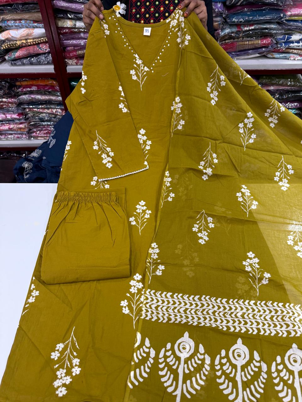 Designer Jaipuri Cotton 3Pcs Sets - Musted Yellow 1
