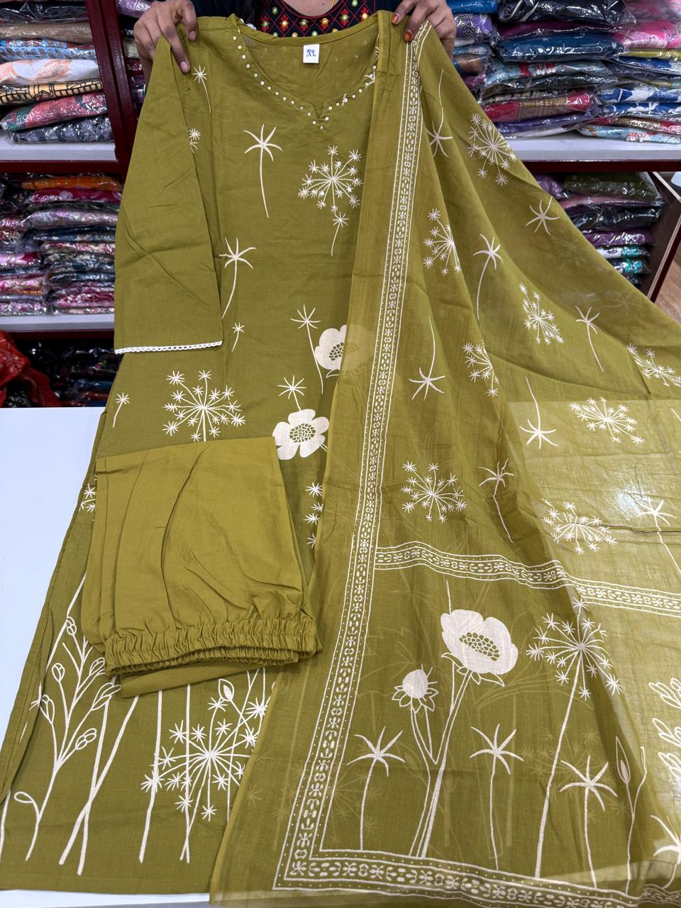 Designer Jaipuri Cotton 3Pcs Sets -Mehindi Green 2