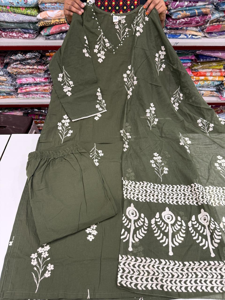 Designer Jaipuri Cotton 3Pcs Sets-Dark Green