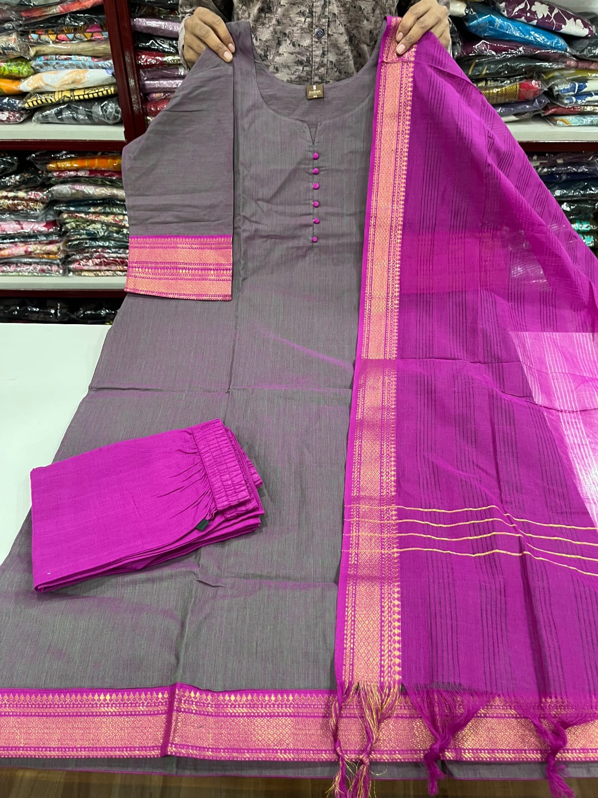 Mangalagiri Cotton Sets- Grey &amp; Pink 3