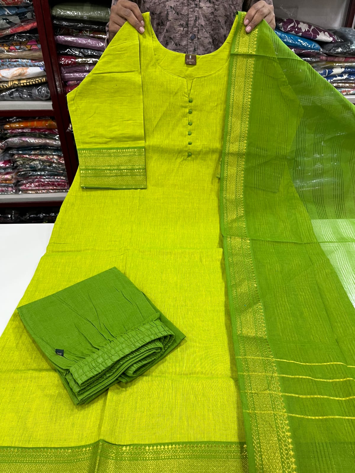 Mangalagiri Cotton Sets- Green &amp; Dark Green