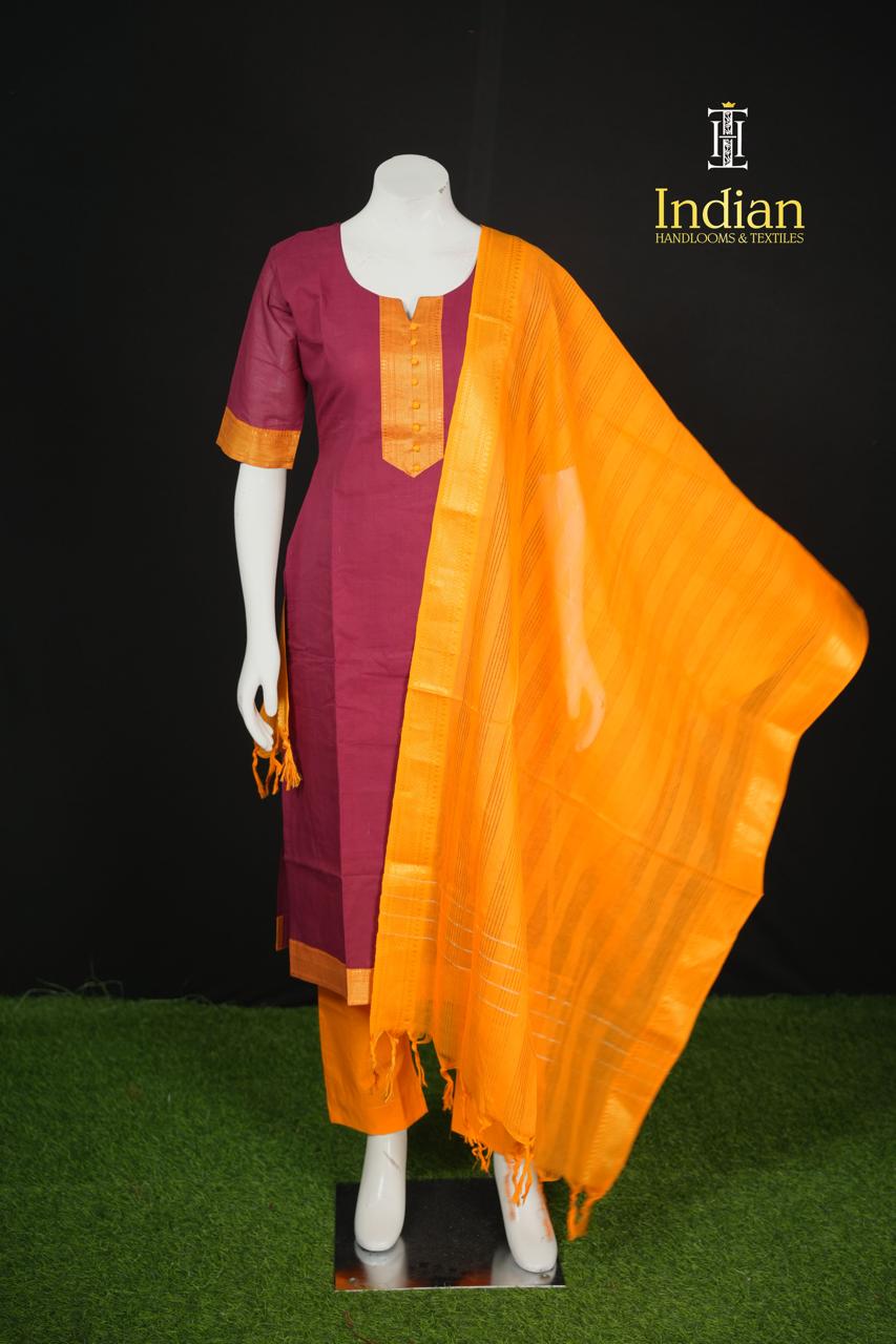 Mangalagiri Cotton Sets- Maroon &amp; Orange