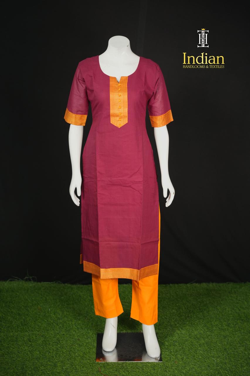Mangalagiri Cotton Sets- Maroon &amp; Orange