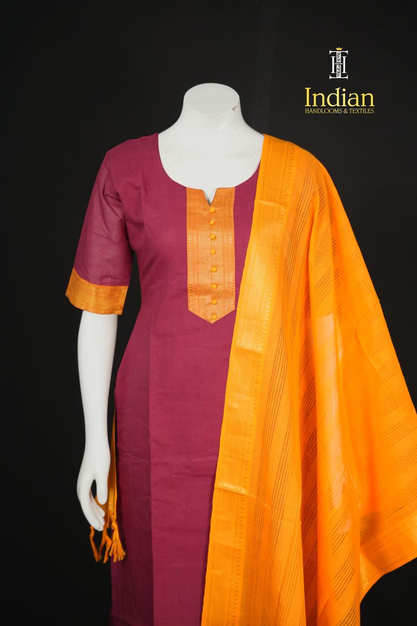 Mangalagiri Cotton Sets- Maroon &amp; Orange