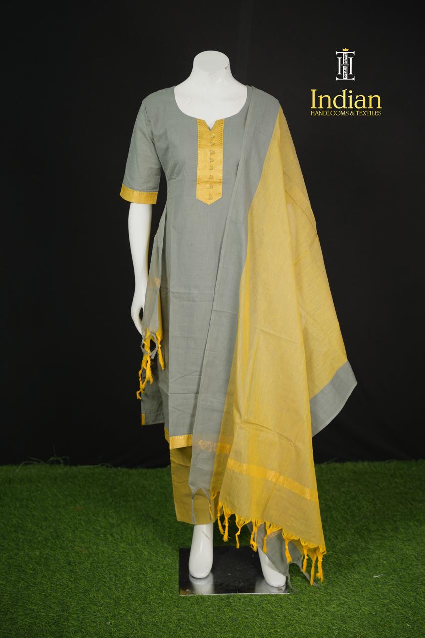Mangalagiri Cotton Sets-LIte Grey &amp; Yellow