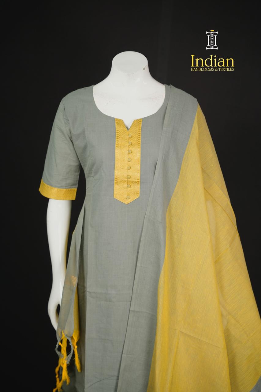Mangalagiri Cotton Sets-LIte Grey &amp; Yellow