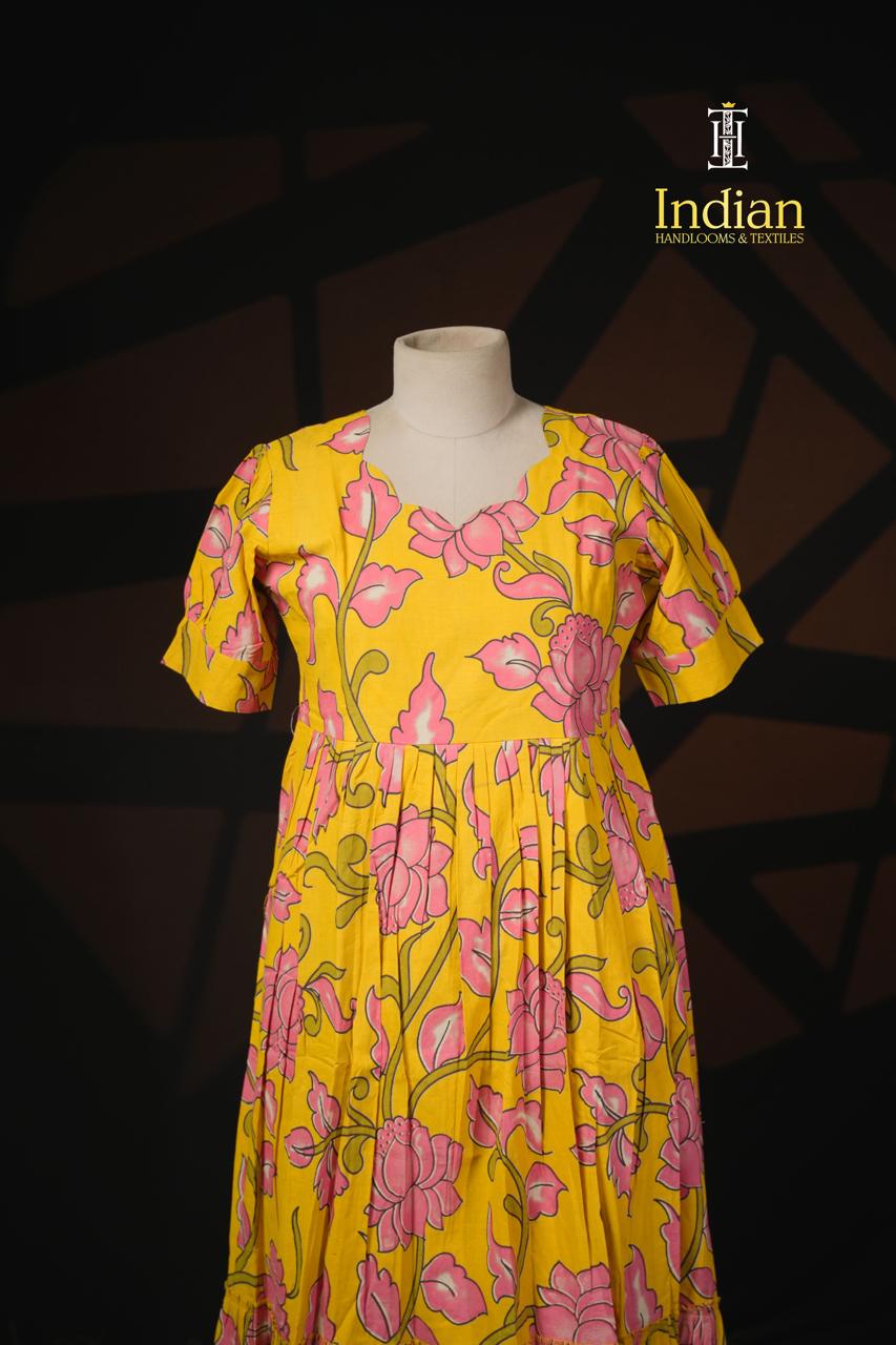 P Kalamkari Cotton Frocks- Yellow