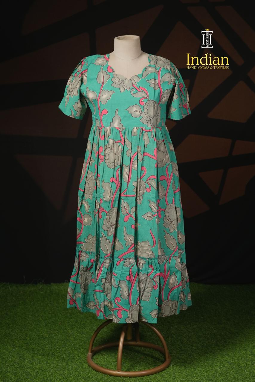 P Kalamkari Cotton Frocks- Sea Green