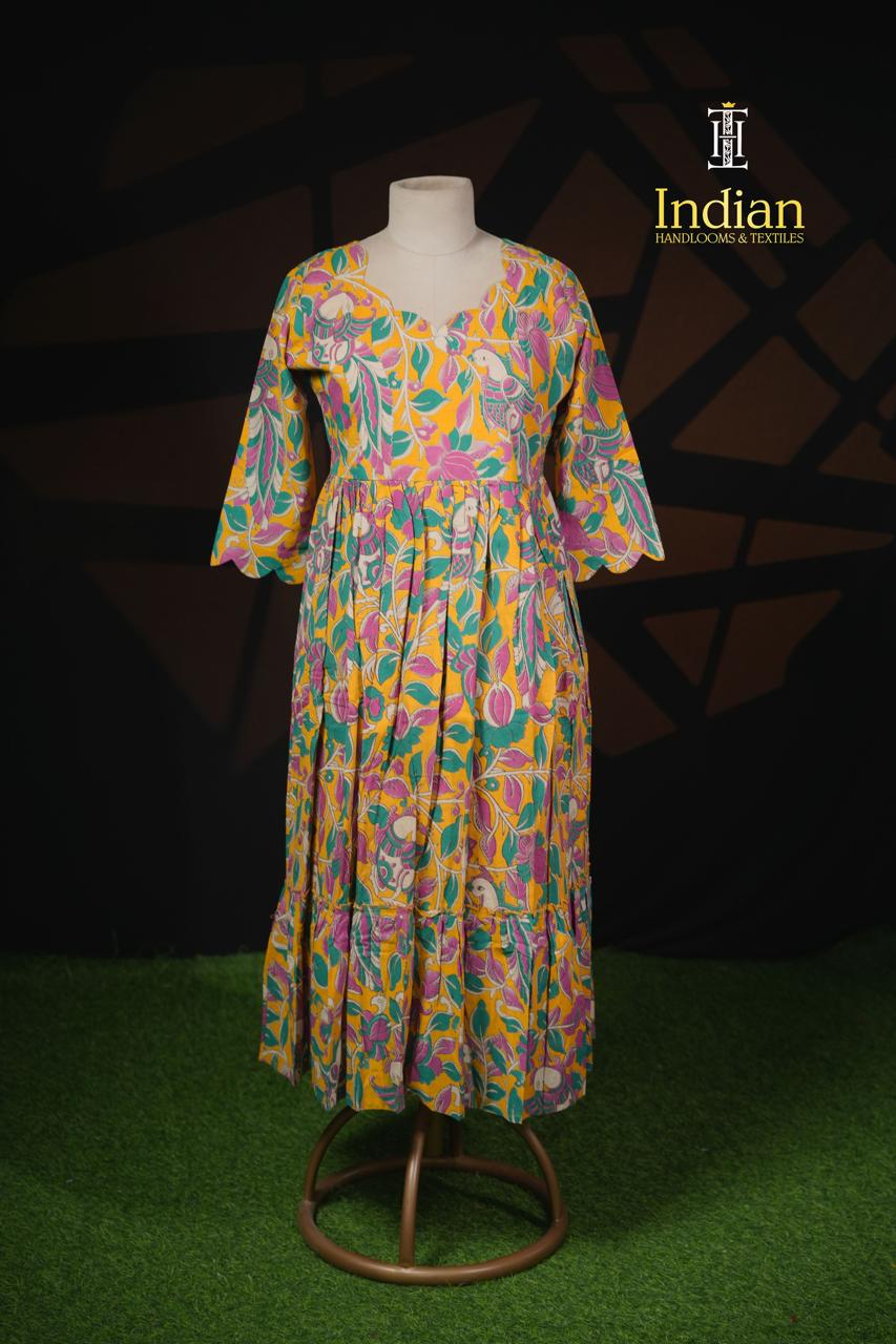 P Kalamkari Cotton Frocks- Yellow F