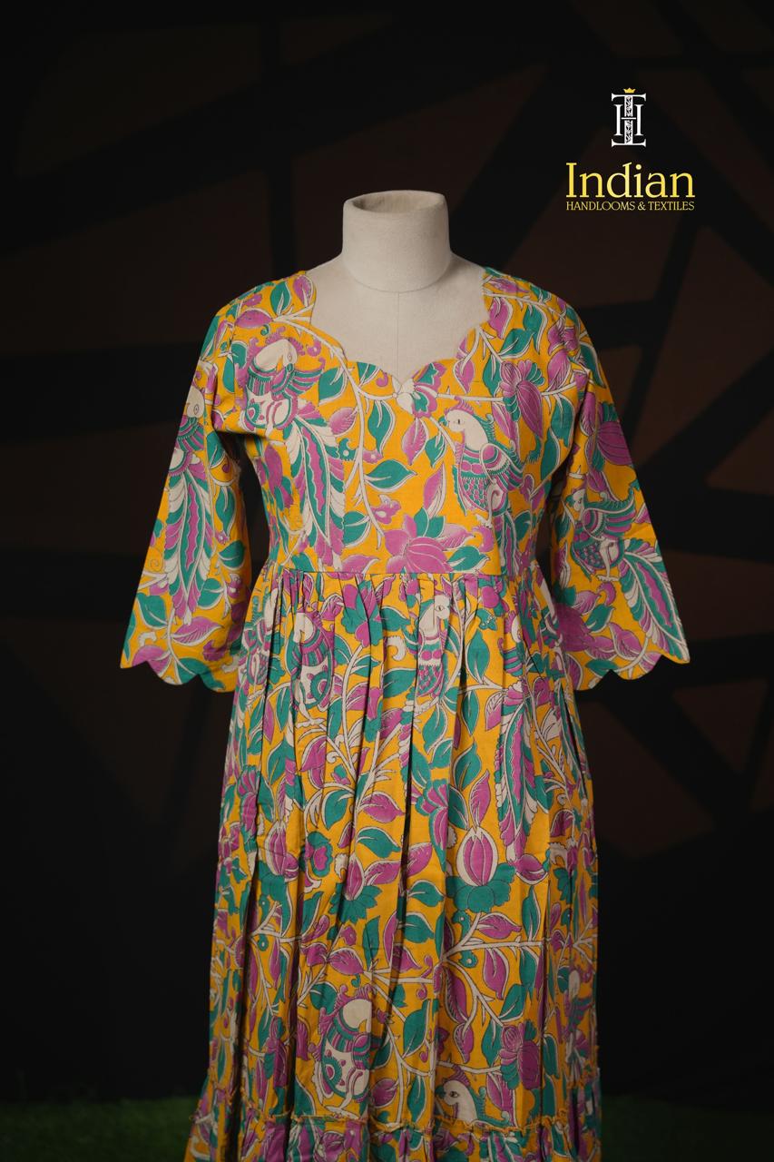 P Kalamkari Cotton Frocks- Yellow F